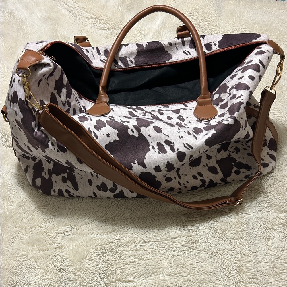 Cow Print Weekender Bag with Brown Accents